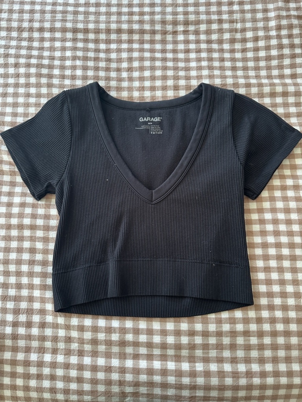 Garage Ribbed Deep V-Neck Short Sleeve Crop Top